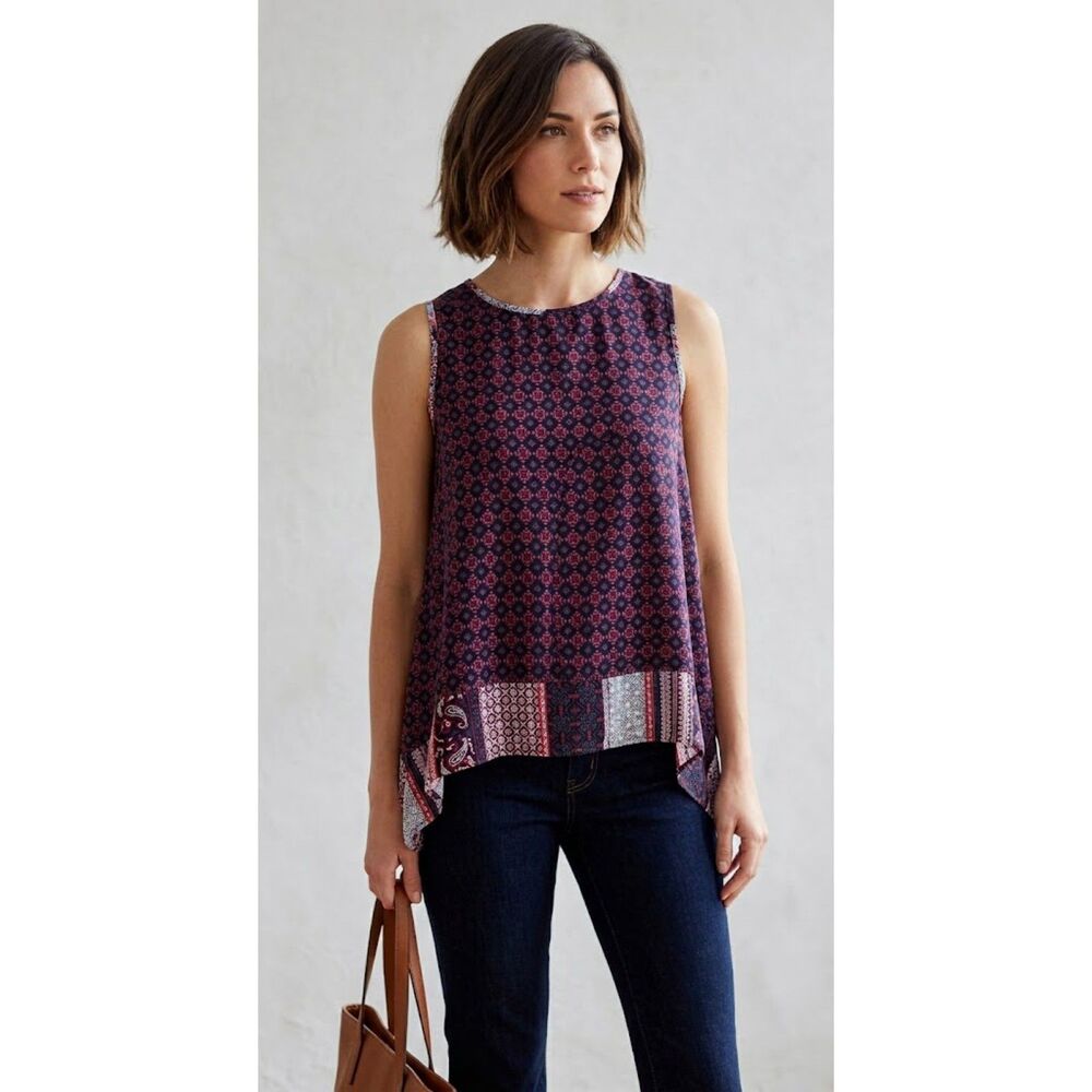 Monteau Navy Burgundy Geometric Sleeveless Feminine Handkerchief Hem Blouse Sz L
